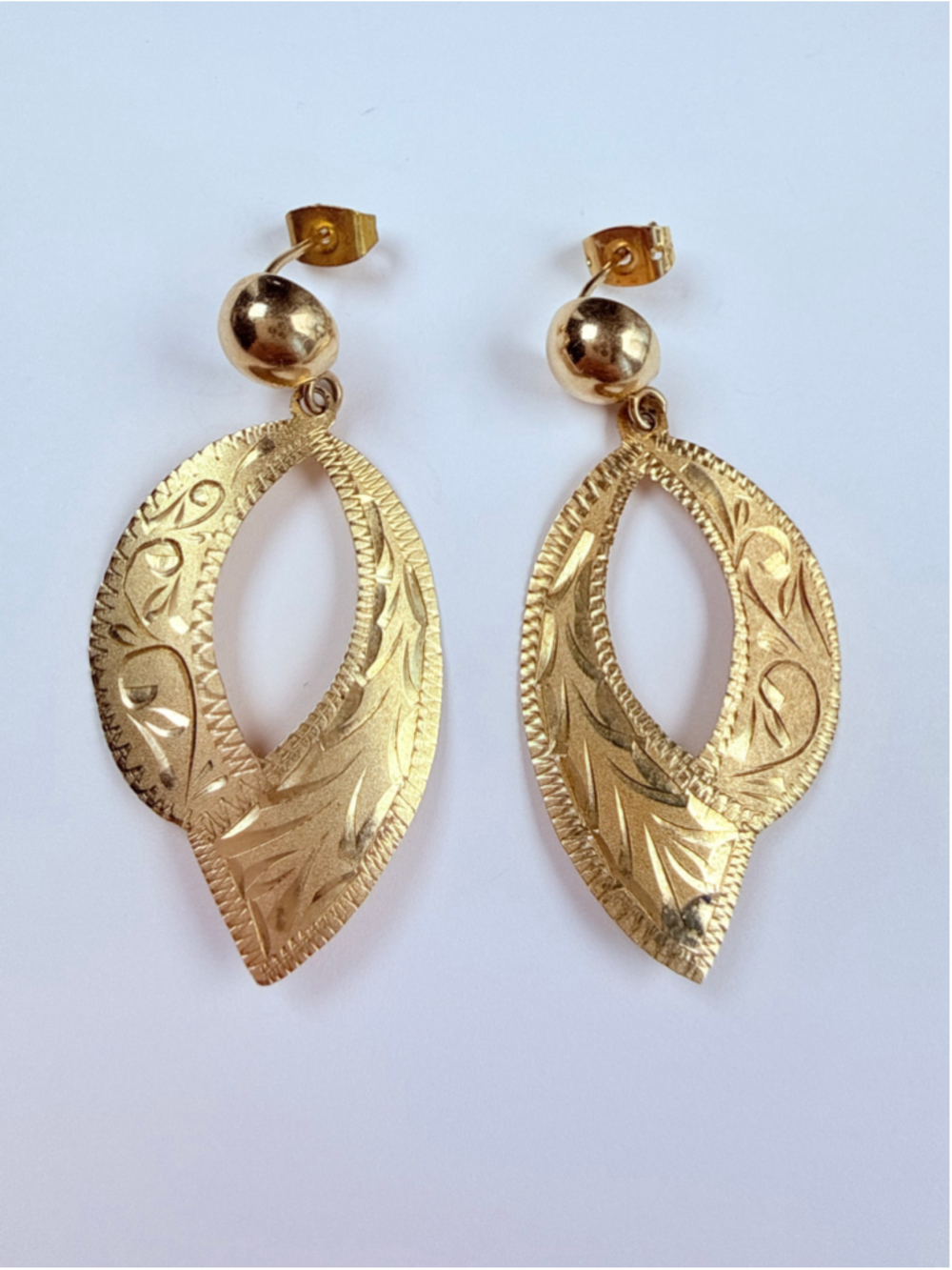 10K Solid Yellow Gold Diamond Etched Design Dangle B&M Turkey Unique Earrings
